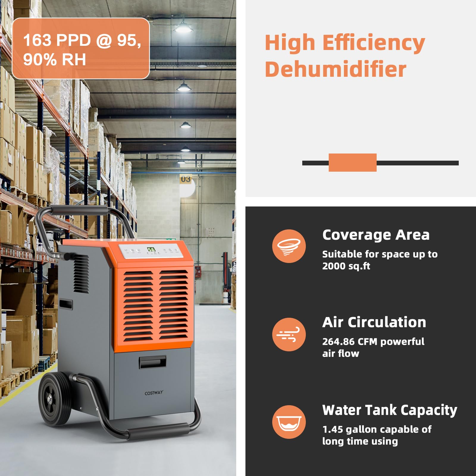 Costway 163 Pints Commercial Dehumidifier, 4500 Sq.Ft Crawl Space Dehumidifier With Drain Hose, 24H Timer, Industrial Dehumidifier For Basement, Warehouse, Job Site (Orange)